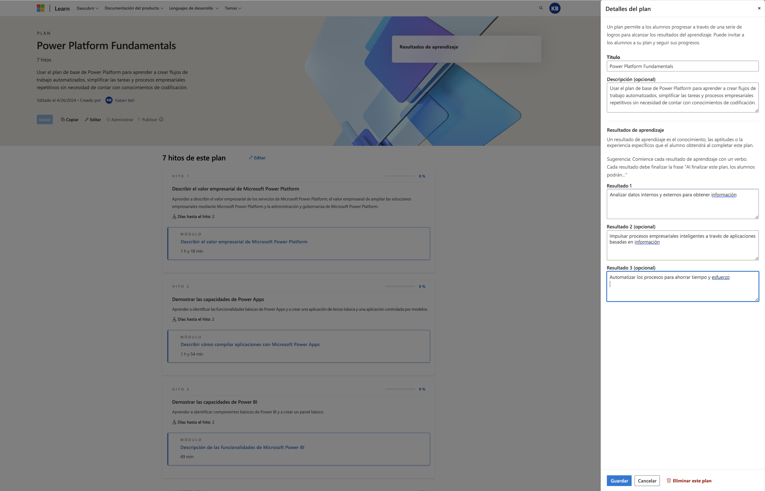 Captura de pantalla de la adición de resultados de aprendizaje a un plan Se abre una hoja que permite al creador del plan introducir resultados de aprendizaje y guardarlos.