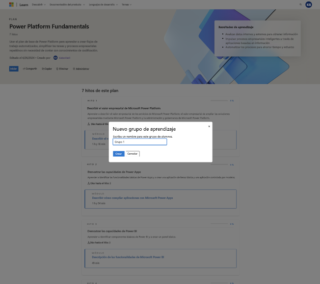 Captura de pantalla de la nomenclatura del nuevo grupo de aprendizaje.