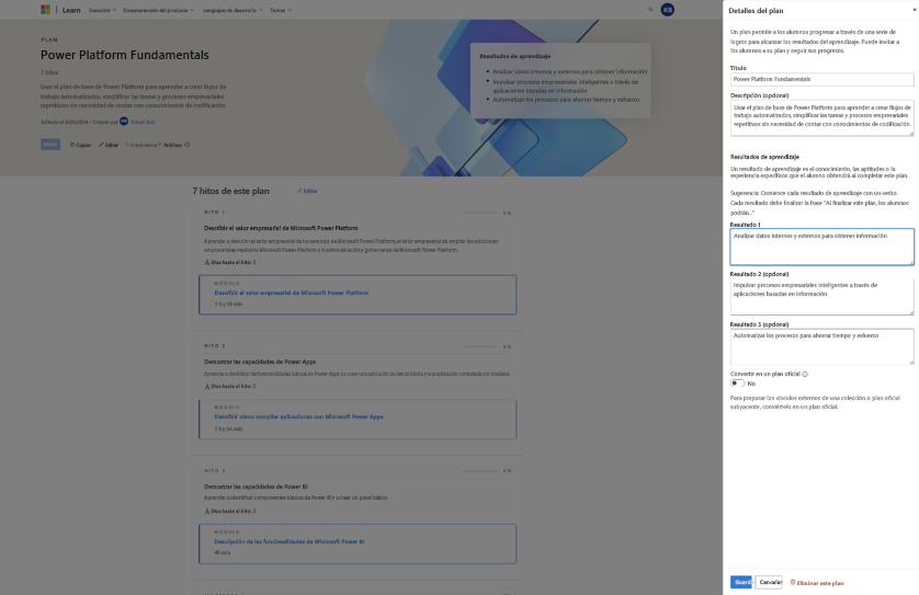 Captura de pantalla de la opción Eliminar este plan a través del panel Detalles del plan.