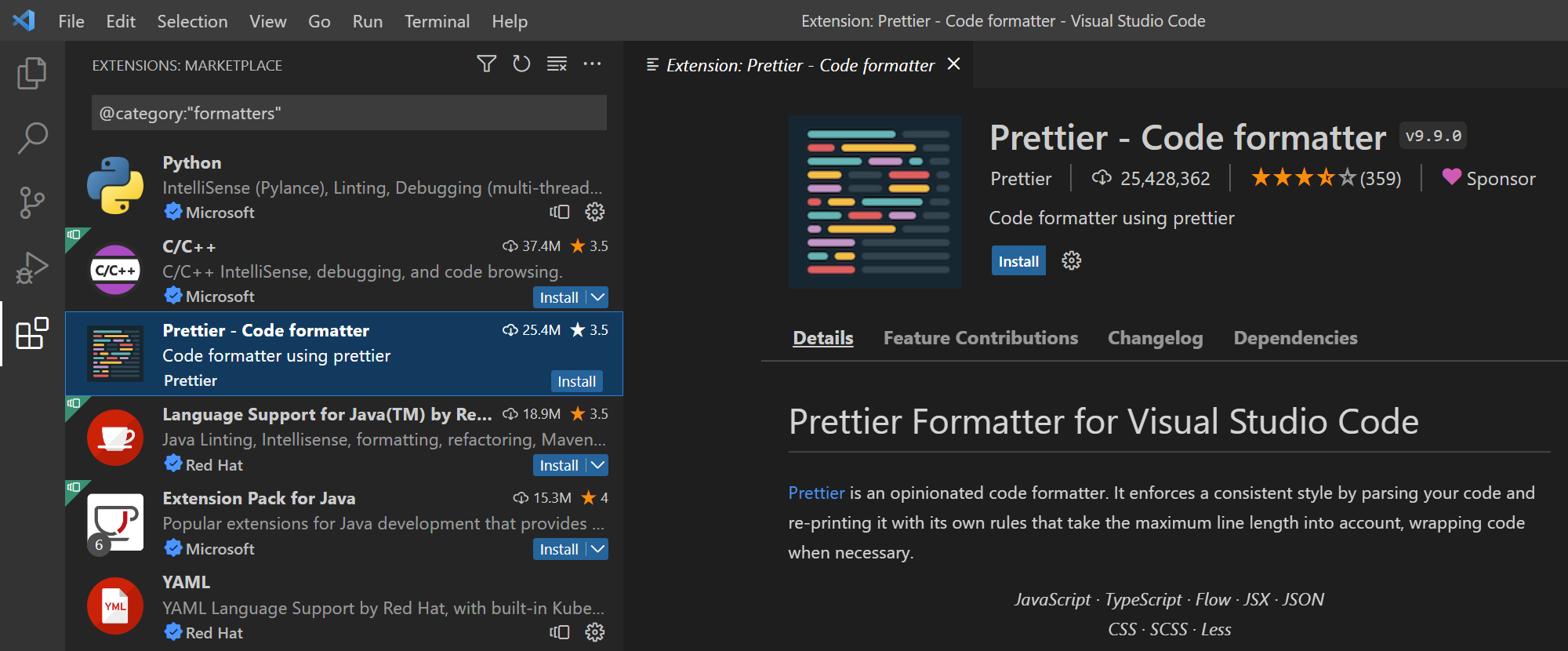 Recorte de pantalla de Visual Studio Code con la vista Marketplace de extensiones mostrada y la extensión Prettier en la vista.