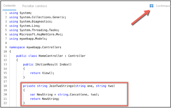 Cambie el código y confirme los cambios.