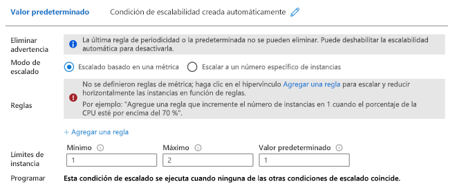 Captura de pantalla que muestra cómo crear una condición de escalado automático en Azure Portal, incluida la configuración para el modo de escalado y el recuento de instancias.