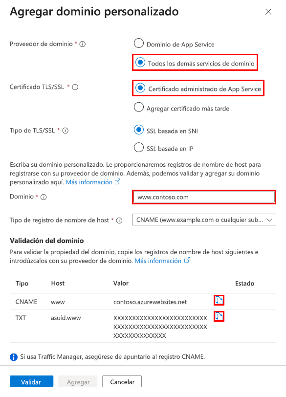 Captura de pantalla que muestra la página de dominio personalizado en Azure Portal.