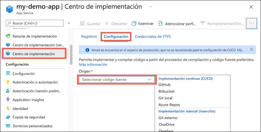 Recorte de pantalla de las opciones de configuración del Centro de implementación.