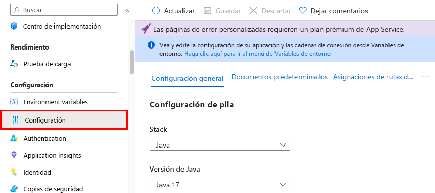 Captura de pantalla que muestra otras opciones de configuración de una aplicación con App Service en Azure Portal