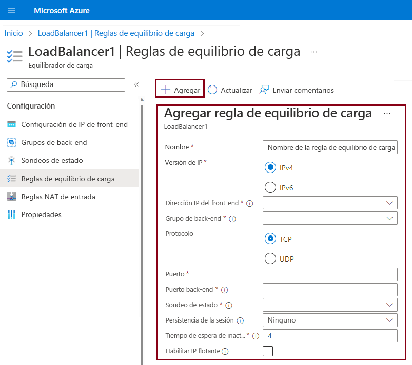 Captura de pantalla que muestra cómo crear reglas de equilibrio de carga en Azure Portal.