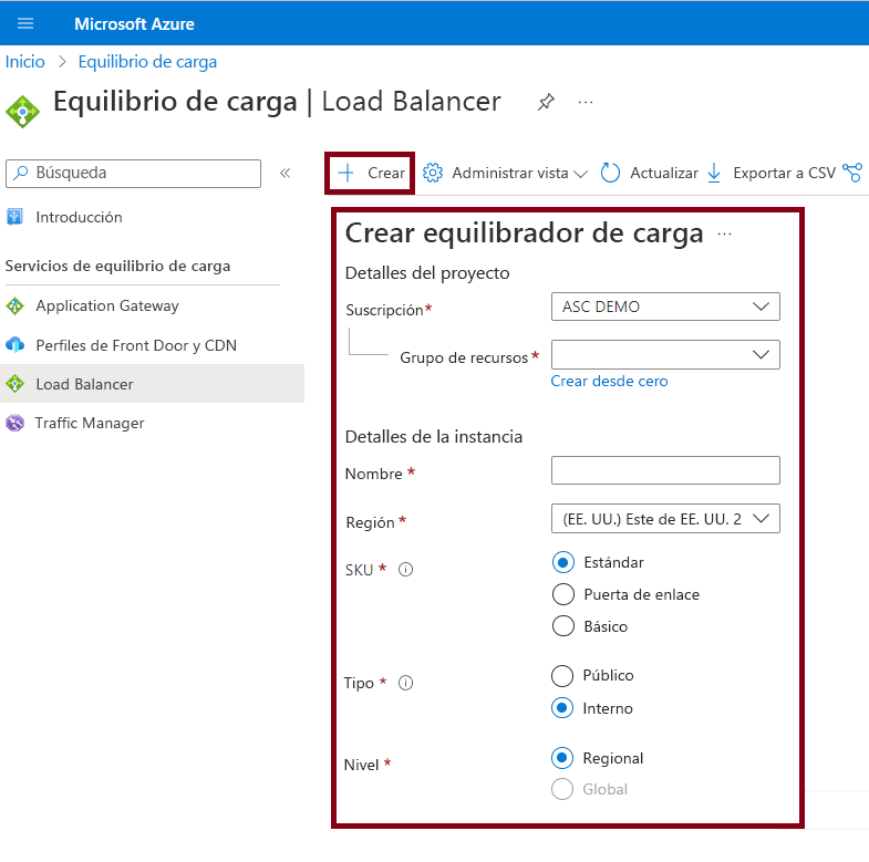 Screenshot that shows how to create an Azure load balancer in the Azure portal.