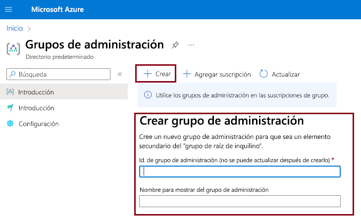 Screenshot that shows how to create a management group in the Azure portal.