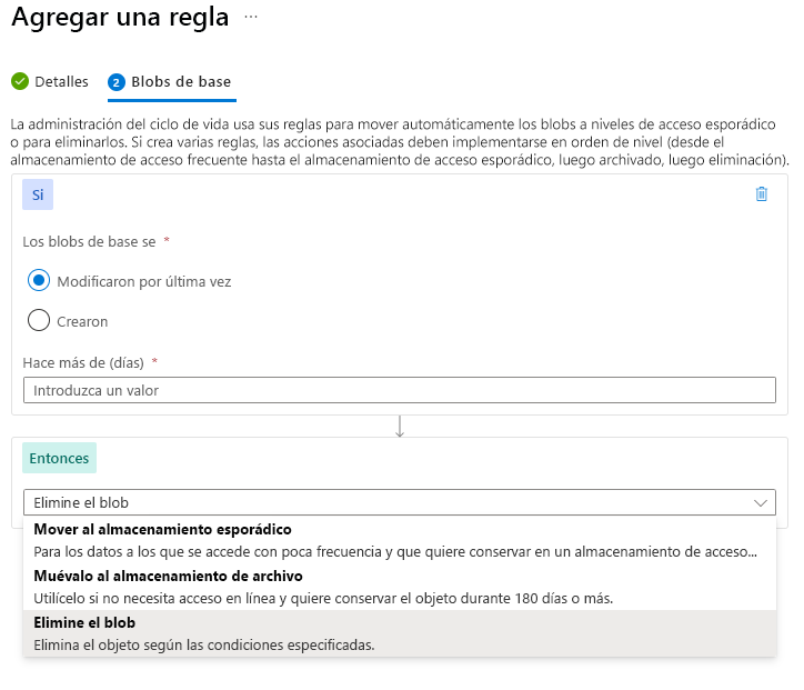 Screenshot that shows how to add a lifecycle management policy rule for blob data in the Azure portal.