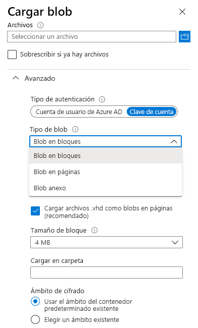 Screenshot of the Upload Blob page that shows the Authentication type, blob types, and block size.