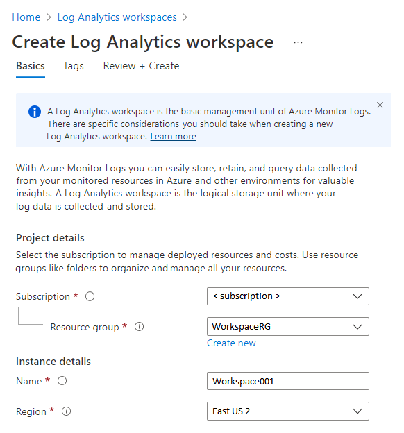 Captura de pantalla que muestra cómo crear un área de trabajo de Log Analytics en Azure Portal.