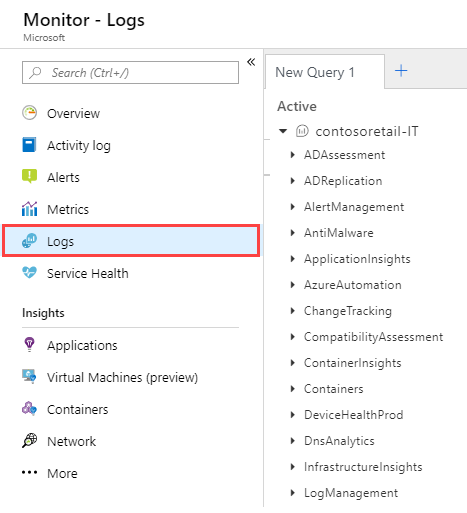 Captura de pantalla que muestra un ejemplo de registros de Azure Monitor en Azure Portal.