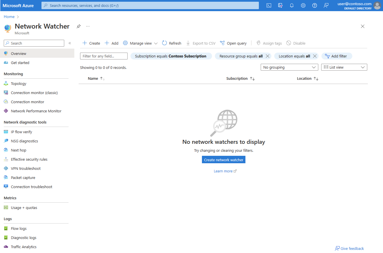 Screenshot of the Network Watcher Get Started page in the Azure portal.