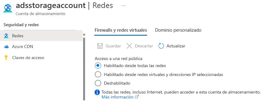 Captura de pantalla de la configuración de firewalls y redes virtuales de la cuenta de almacenamiento en Azure Portal.