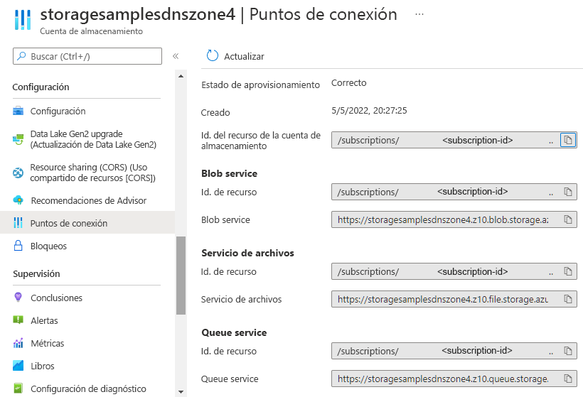 Captura de pantalla de las direcciones URL del punto de conexión de servicio en Azure Portal.