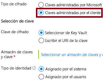 Captura de pantalla que muestra cómo crear una clave administrada por el cliente.