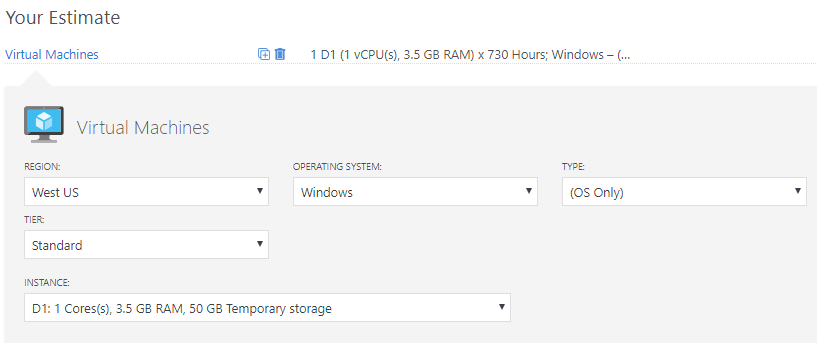 Captura de pantalla de la Calculadora de precios, con estimaciones para una instancia de una máquina virtual de la serie D1 en Windows, que se ejecuta en la región Oeste de EE. UU., en el nivel estándar.