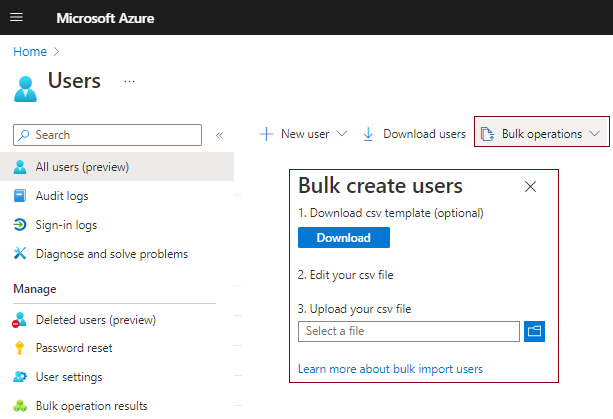 Captura de pantalla que muestra la opción Creación masiva de usuarios para cuentas de usuario nuevas en Azure AD.