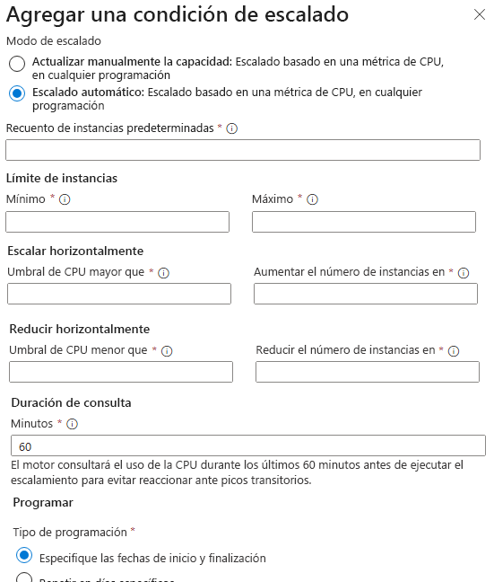 Captura de pantalla de las opciones para configurar instancias de máquina virtual y la escalabilidad automática en Azure Portal.