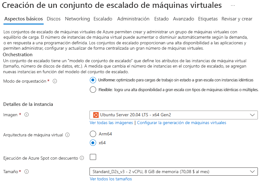 Captura de pantalla en la que se muestra cómo crear Virtual Machine Scale Sets en Azure Portal.