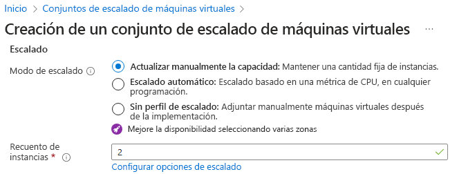 Recorte de pantalla de la configuración para seleccionar un método de escalado en Azure Portal.