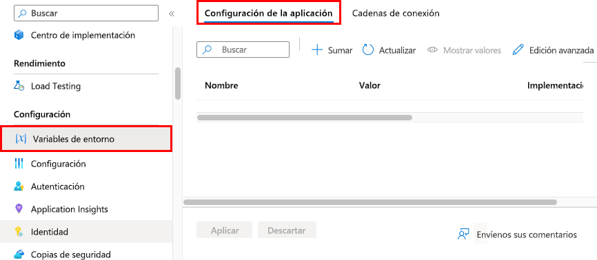 Vaya a Variables de entorno > Configuración de la aplicación