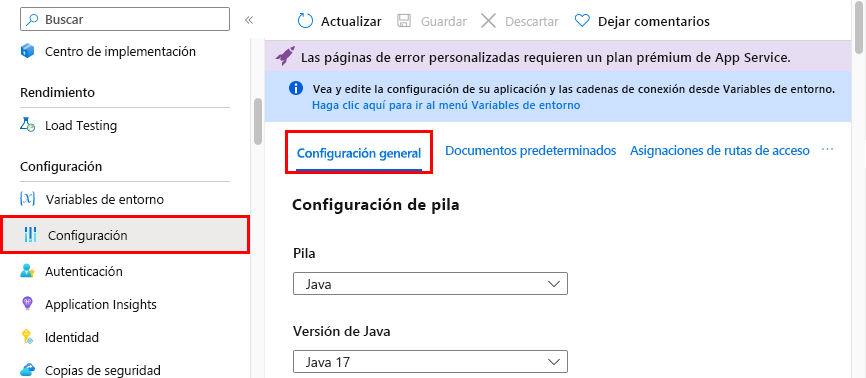 Captura de pantalla del desplazamiento a Configurar > Configuración general.