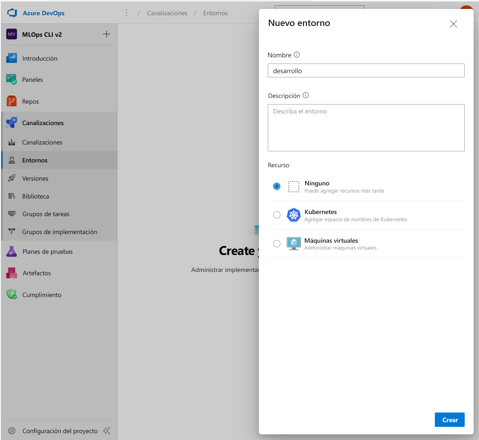 Captura de pantalla que muestra cómo crear un nuevo entorno en Azure DevOps.