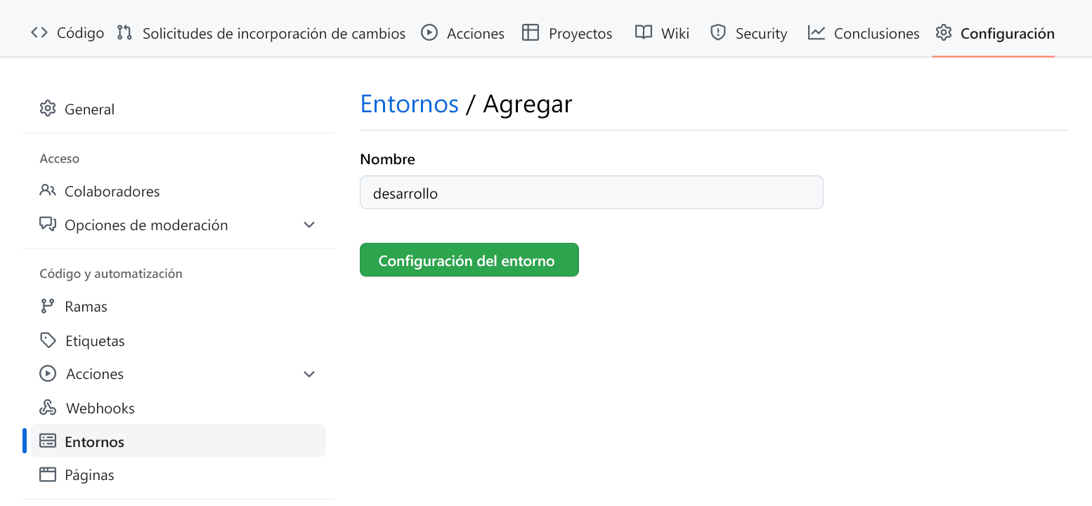 Captura de pantalla que muestra cómo crear un nuevo entorno en GitHub.