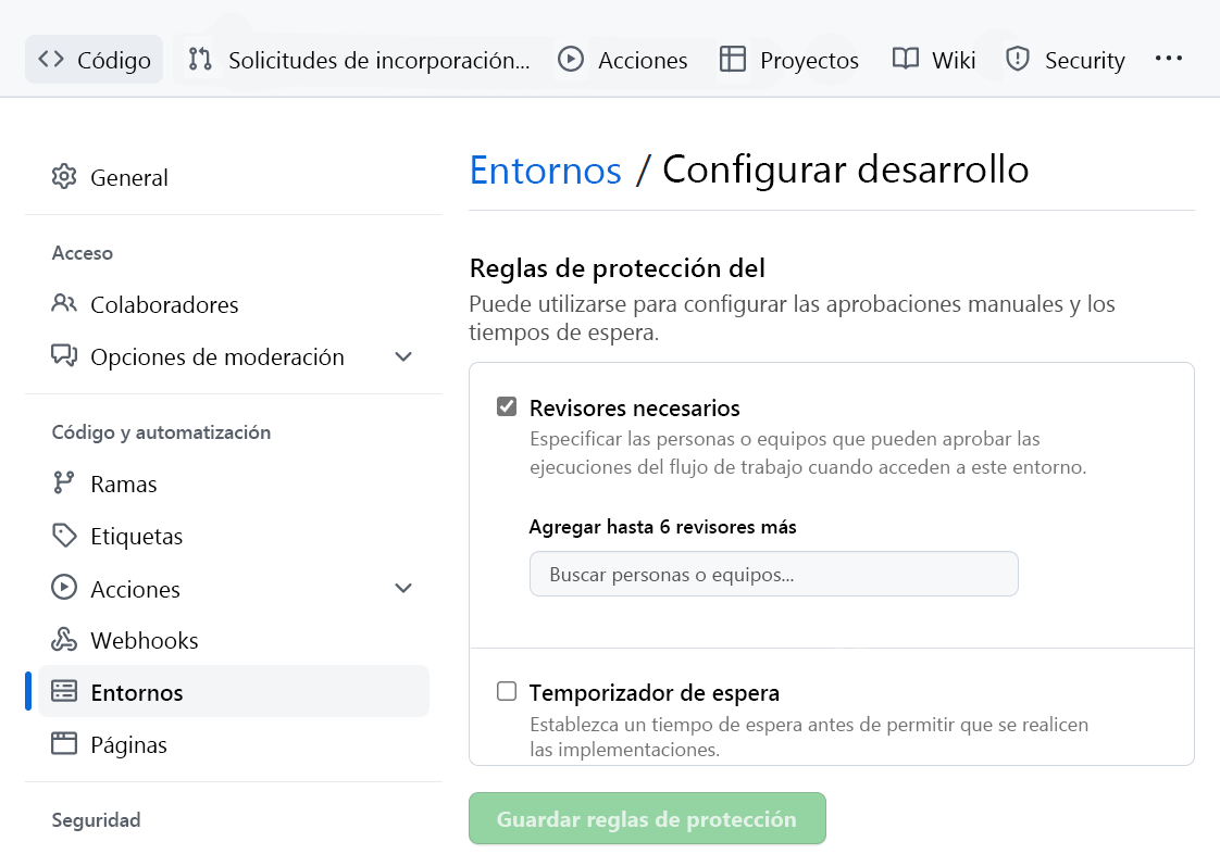 Captura de pantalla de la comprobación de aprobación de configuración para el entorno de GitHub.