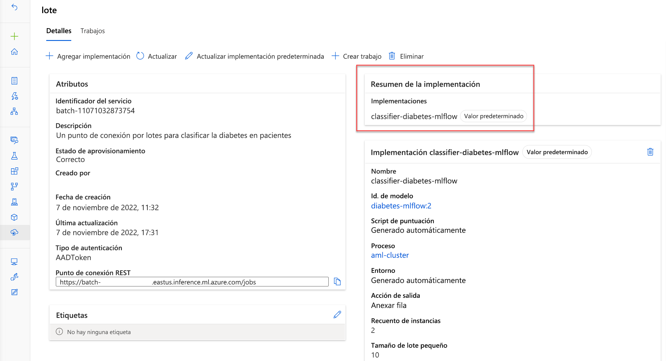 Screenshot of details page of a batch endpoint, showing the default deployment.