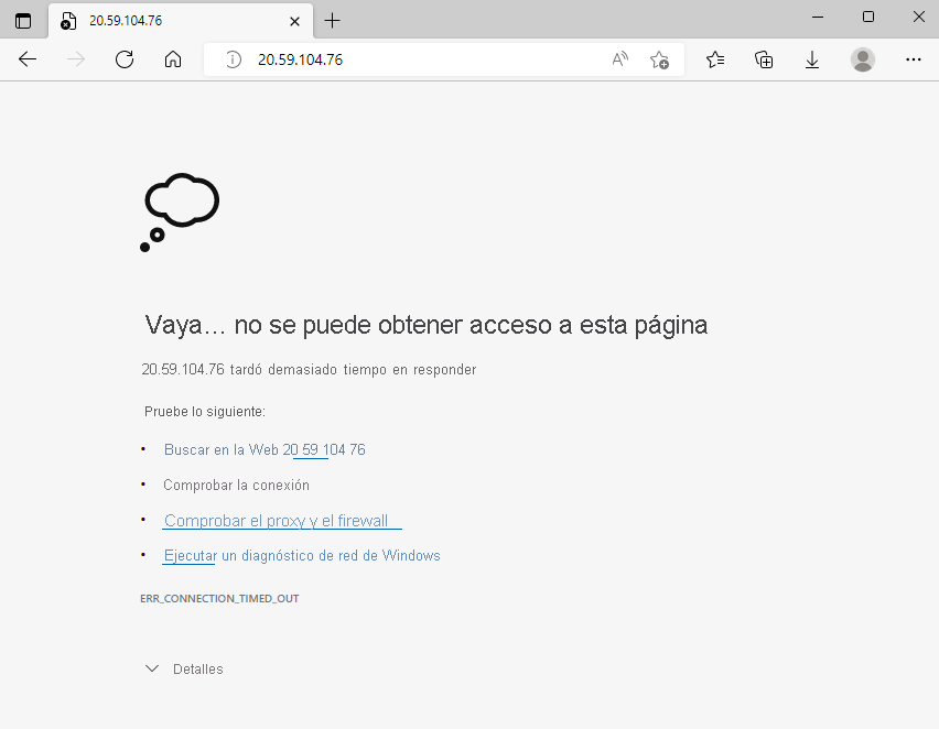 Captura de pantalla de un explorador web en el que se muestra un mensaje de error de tiempo de espera de conexión.