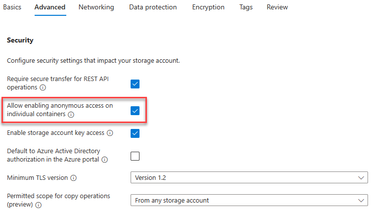 Captura de pantalla que muestra cómo habilitar los contenedores de acceso anónimo en una cuenta de almacenamiento.