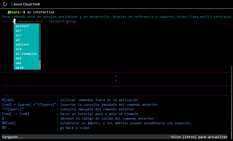 Captura de pantalla del modo interactivo, en la que la finalización automática proporciona comandos que empiezan por 