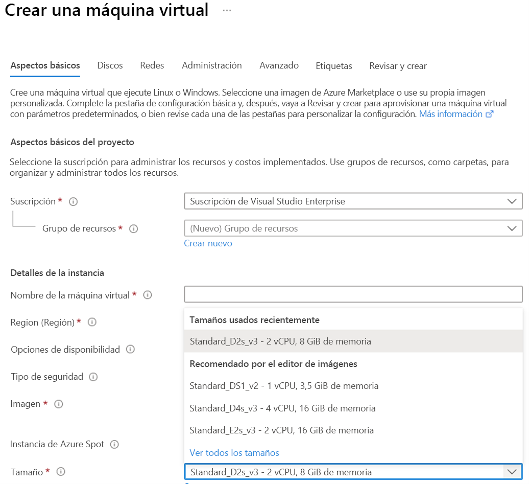 Screenshot of Azure virtual machine settings showing the virtual machine size options.