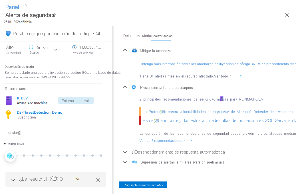 Recorte de pantalla de la vista de detalles completos de un panel de alertas de seguridad.