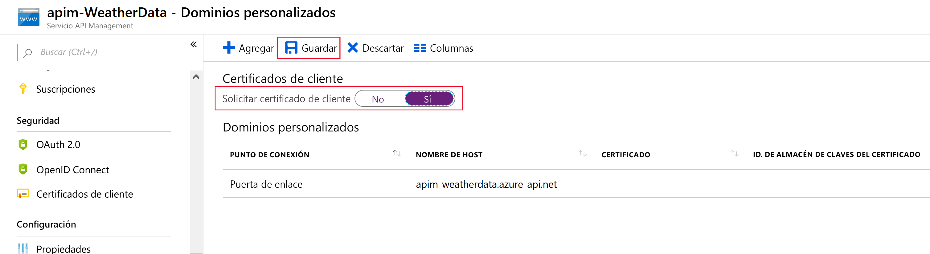 Configuración de la puerta de enlace para solicitar certificados