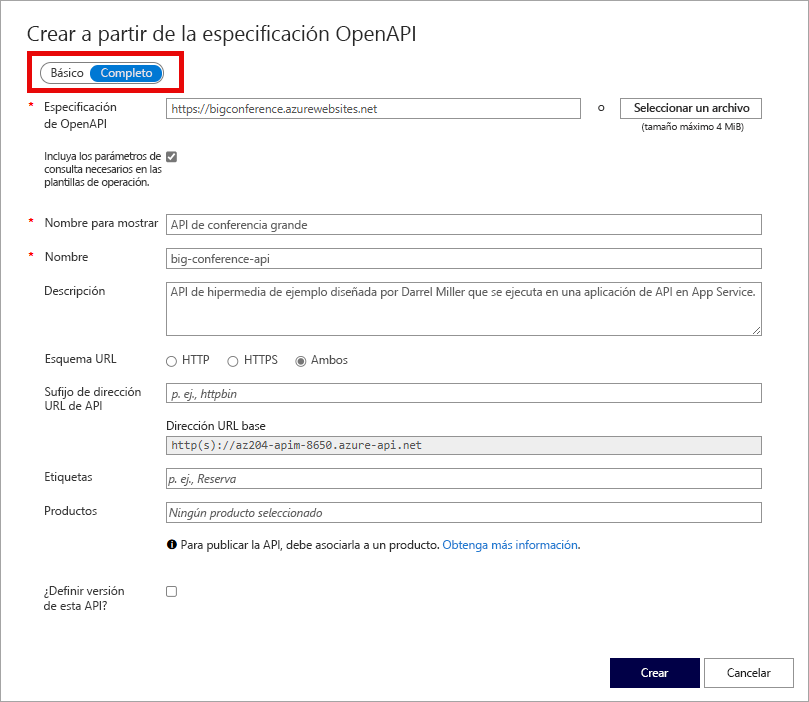 Cuadro de diálogo de OpenAPI. Los campos se detallan en la tabla siguiente.