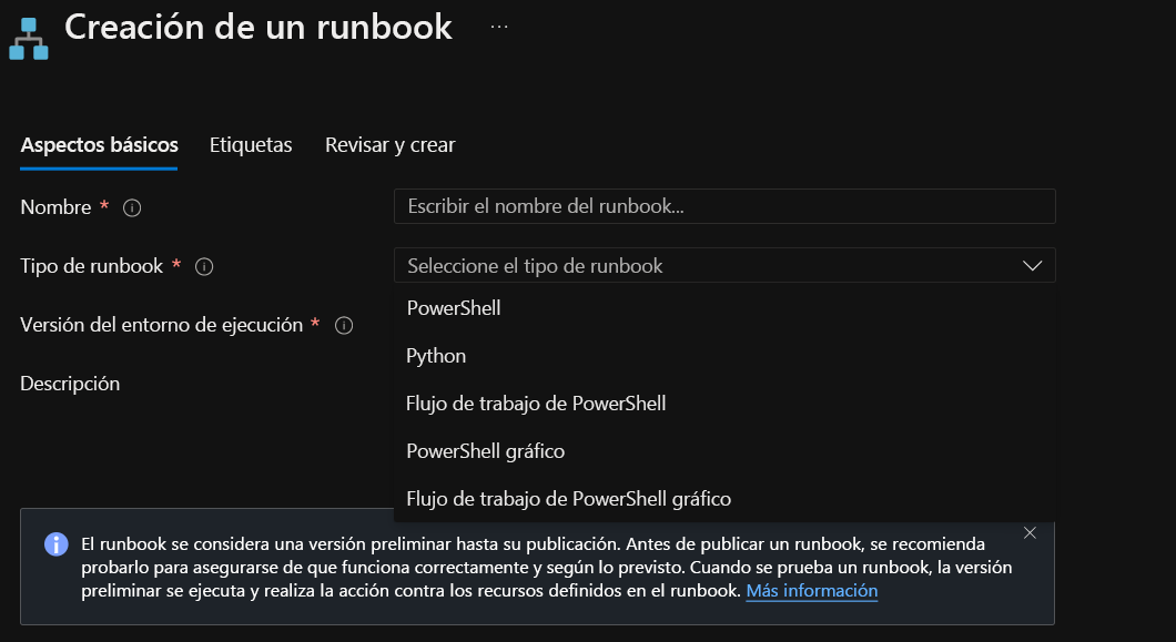 Screenshot of the Add Runbook window. In the left pane, Quick Create, create a new runbook is selected. In the right pane, the runbook type dropdown menu displays options such as PowerShell, Python 2, Graphical, and Other. Under Other is PowerShell Workflow, and Graphical PowerShell workflow.