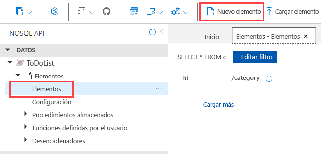 Cree un nuevo elemento en la base de datos.