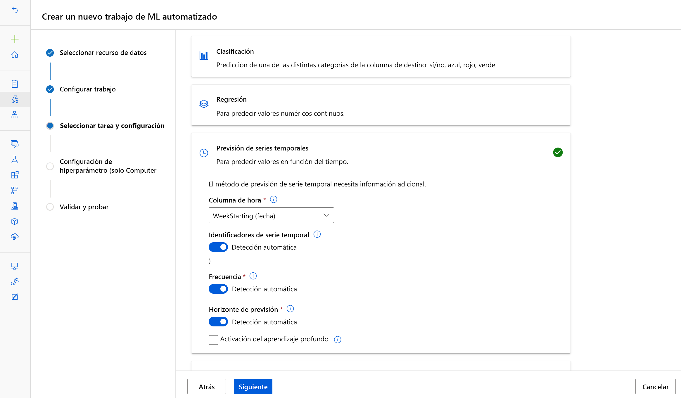 Captura de pantalla de la selección de una tarea al configurar ML automatizado.