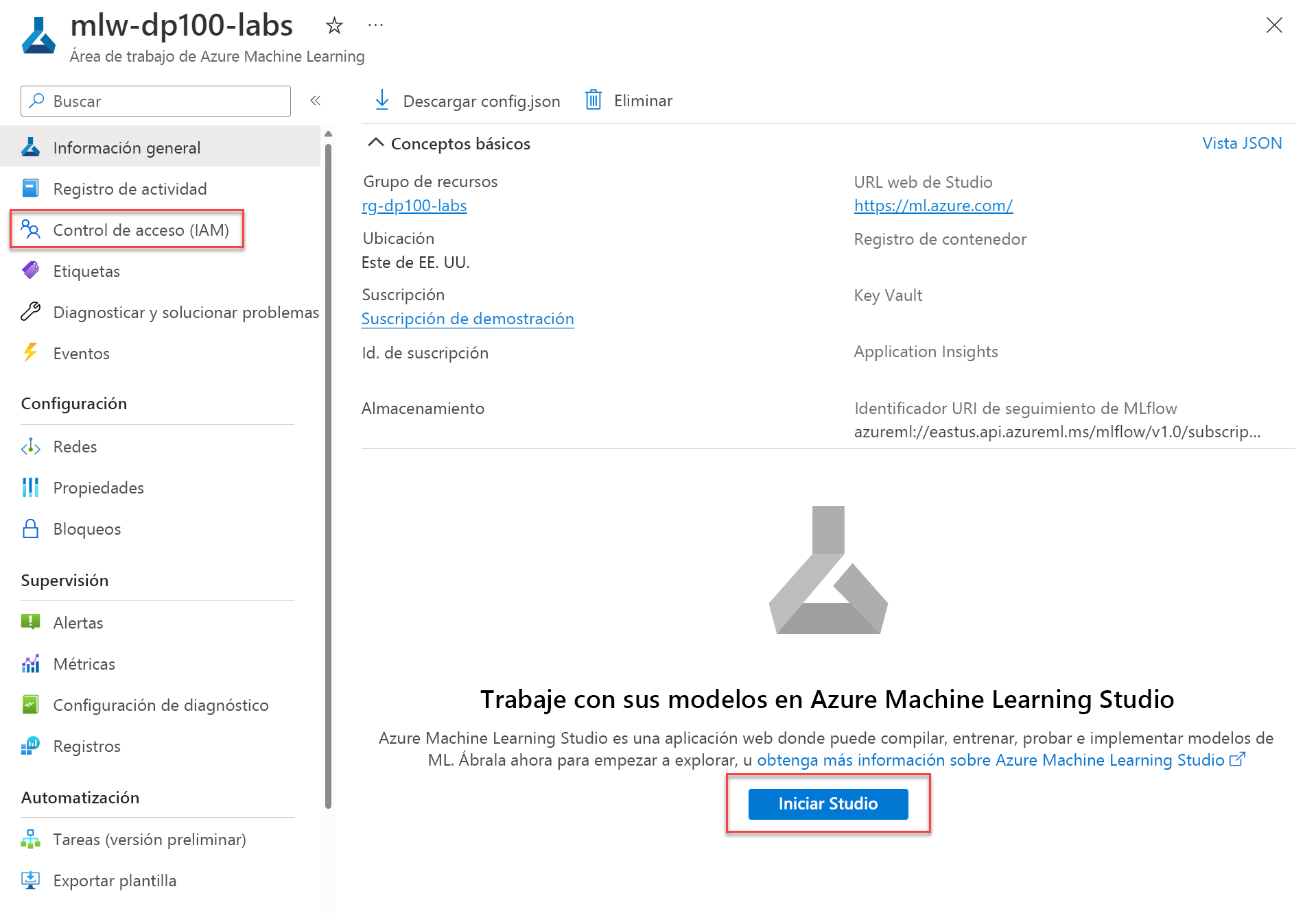 Captura de pantalla de la página de información general del área de trabajo de Azure Machine Learning en Azure Portal.