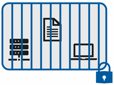 Diagrama de un conjunto de recursos, como una base de datos y una aplicación protegida, detrás de una verja cerrada con llave.