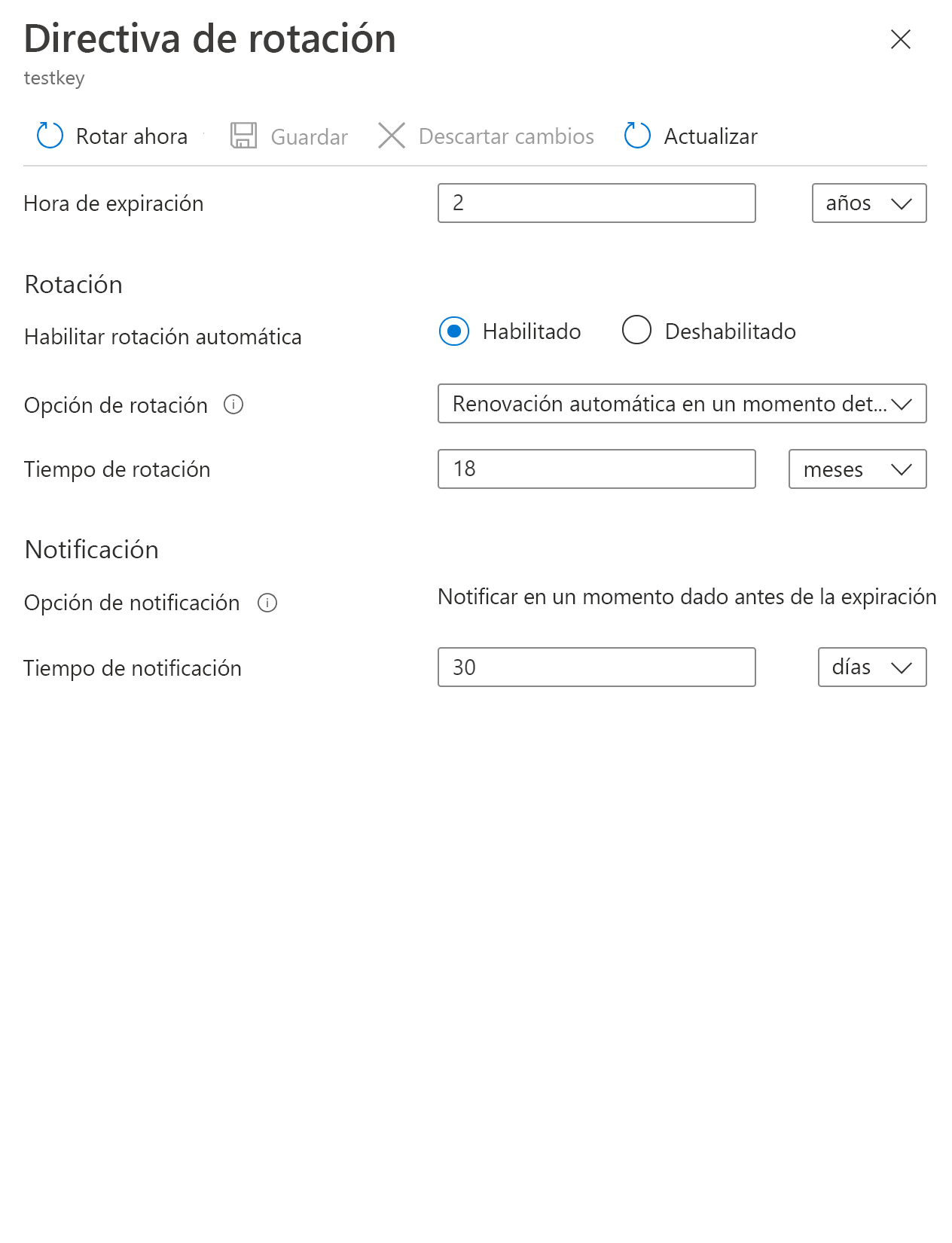 Captura de pantalla que muestra un ejemplo de la página de configuración de la directiva de rotación de claves.