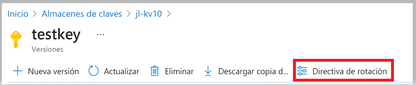 Captura de pantalla que muestra un ejemplo de cómo configurar una directiva de rotación de claves en las claves existentes.