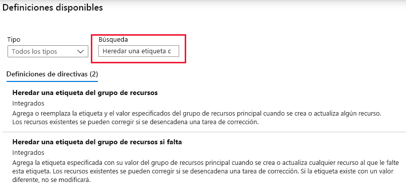 Captura de pantalla en la que se muestra cómo ver los tipos de definición de directivas de Azure disponibles.