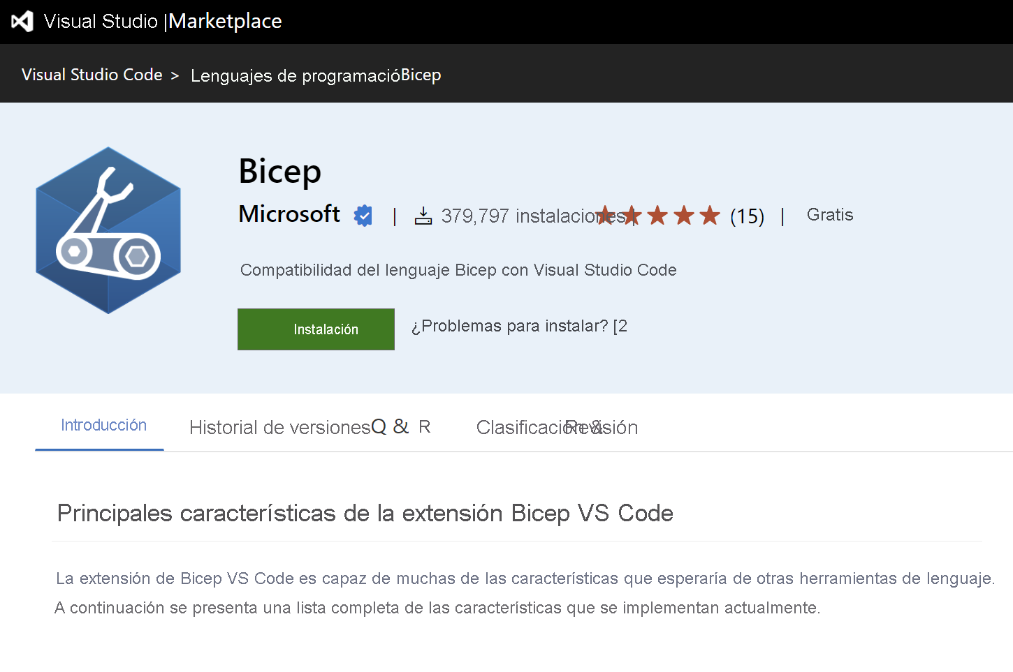 Captura de pantalla de la extensión Bicep del marketplace de VS Code.