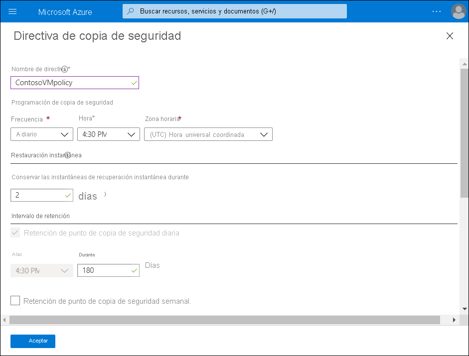 A screenshot of the Backup policy blade. The administrator has named the policy ContosoVMpolicy. 