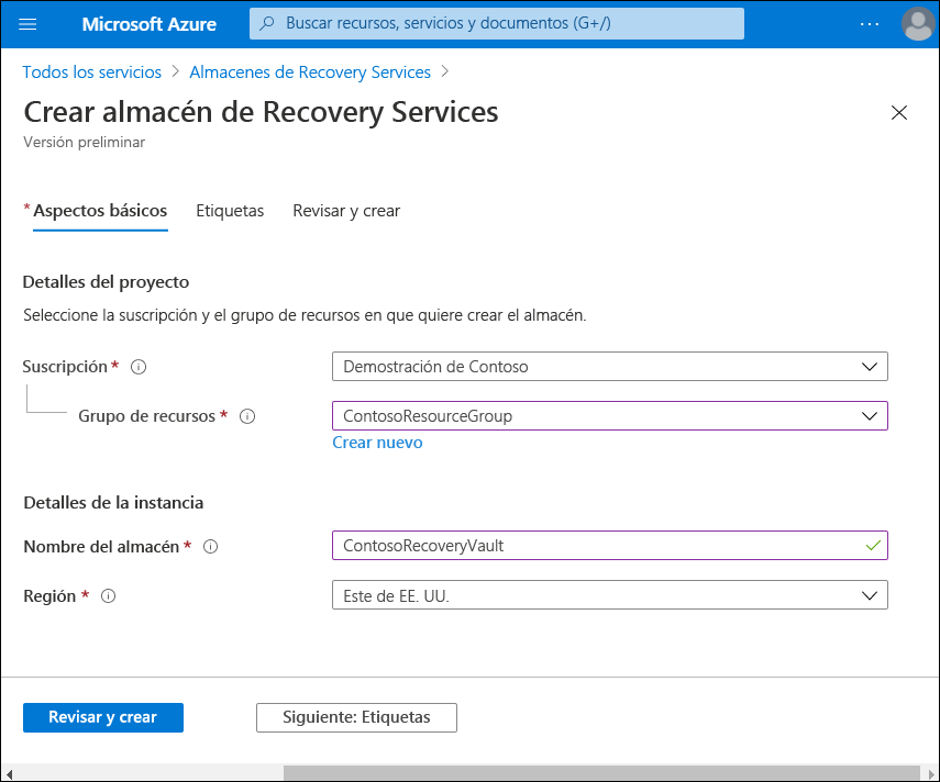 A screenshot of the Create Recovery Services vault blade in the Azure portal. The administrator has defined the Subscription, Resource group, and Region, and entered the vault name ContosoRecoveryVault.