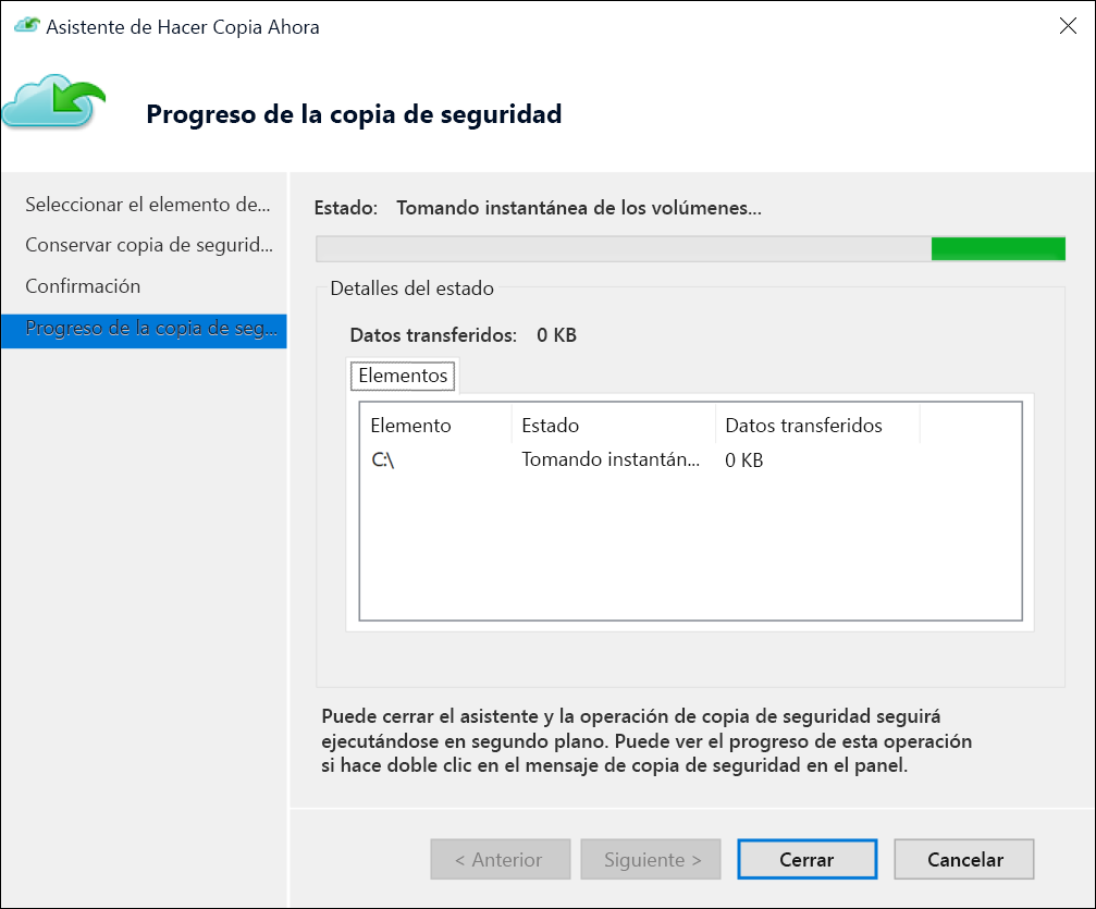 A screenshot of the Backup progress dialog box. A backup has been initiated by the administrator.